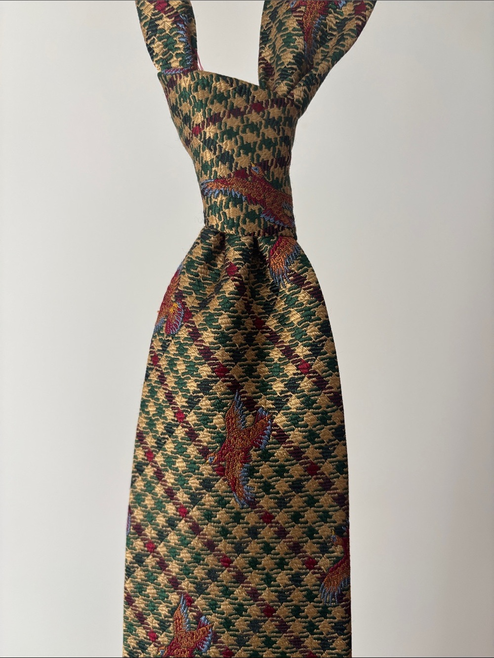 Vintage Old River 100% Silk Tie Burgundy Green Houndstooth Birds Made In France